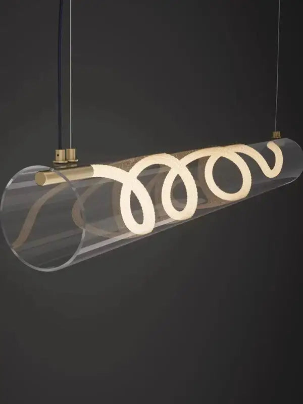 Suspension luminaire design tube en verre et LED torsadée

