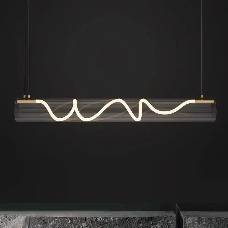 Suspension luminaire design tube en verre et LED torsadée

