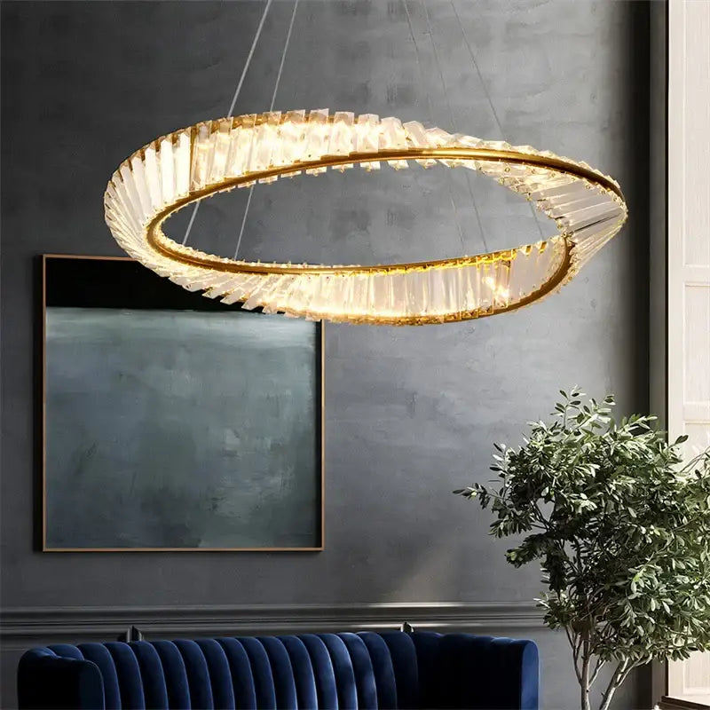 Suspension Luminaire Dorée Circulaire En Métal Et Cristal