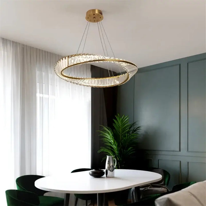 Suspension Luminaire Dorée Circulaire En Métal Et Cristal