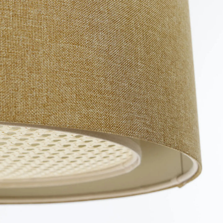 Suspension luminaire duo boho élégant avec abat-jour en lin écru perforé et anneau intérieur blanc bohème chic