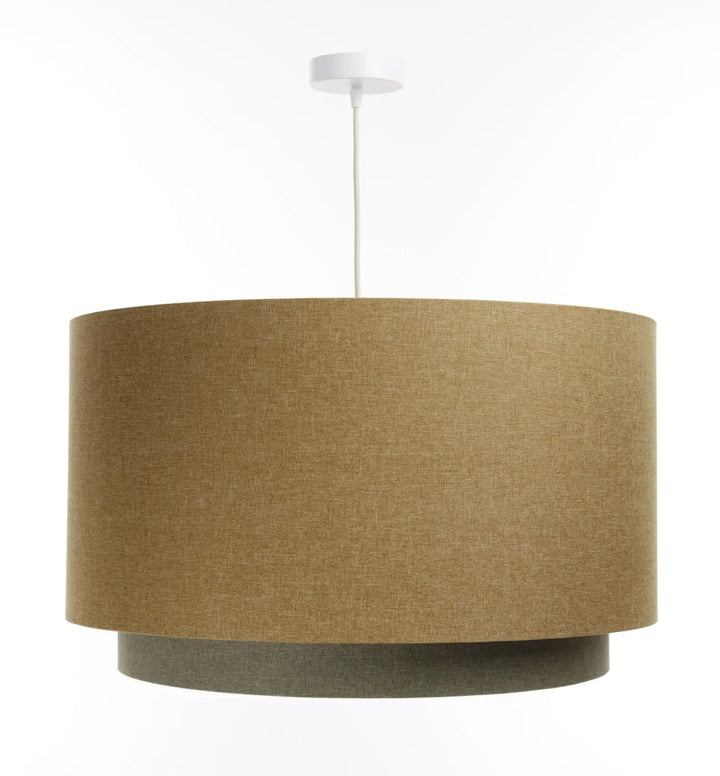 Suspension luminaire ecru avec diffuseur rotin en tissu texturé jaune moutarde et gris vert contrasté