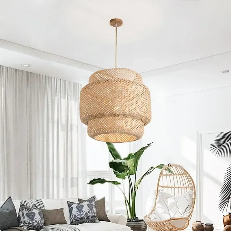 Suspension Luminaire En Bambou Et Rotin Marron Tambour