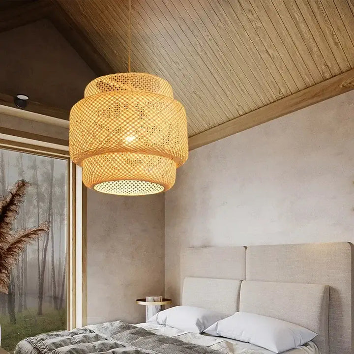 Suspension Luminaire En Bambou Et Rotin Marron Tambour