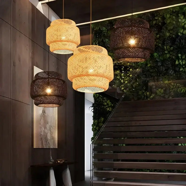 Suspension Luminaire En Bambou Et Rotin Marron Tambour