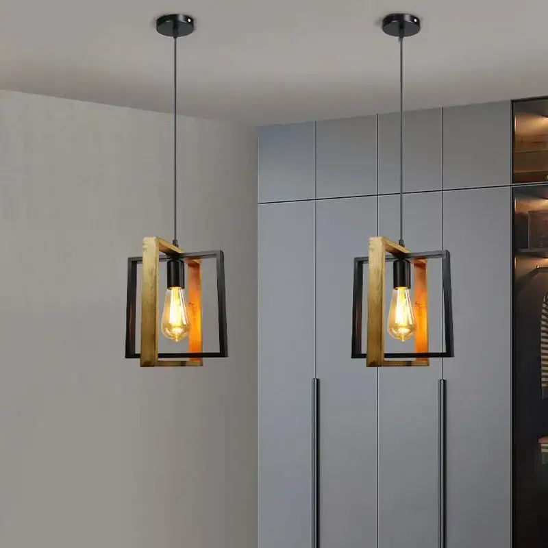 Suspension Luminaire En Bois Au Style Vintage Métal Noir