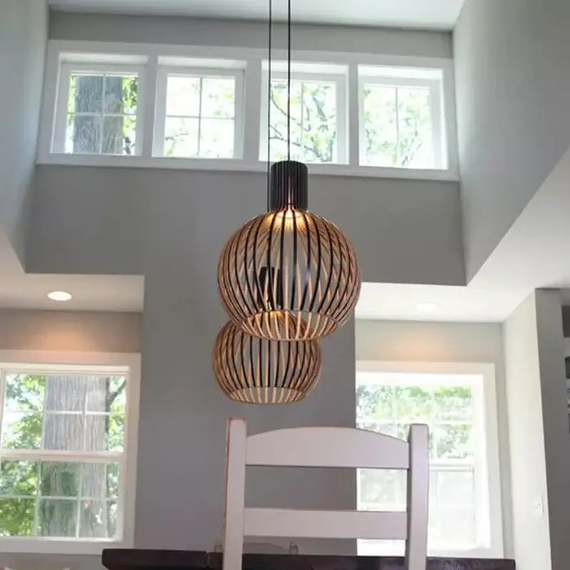 Suspension Luminaire En Bois En Forme De Cage Doiseau Ronde Beige