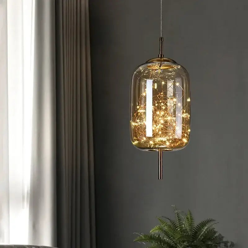 Suspension Luminaire En Verre Avec Petite Guirlande LED Élégante