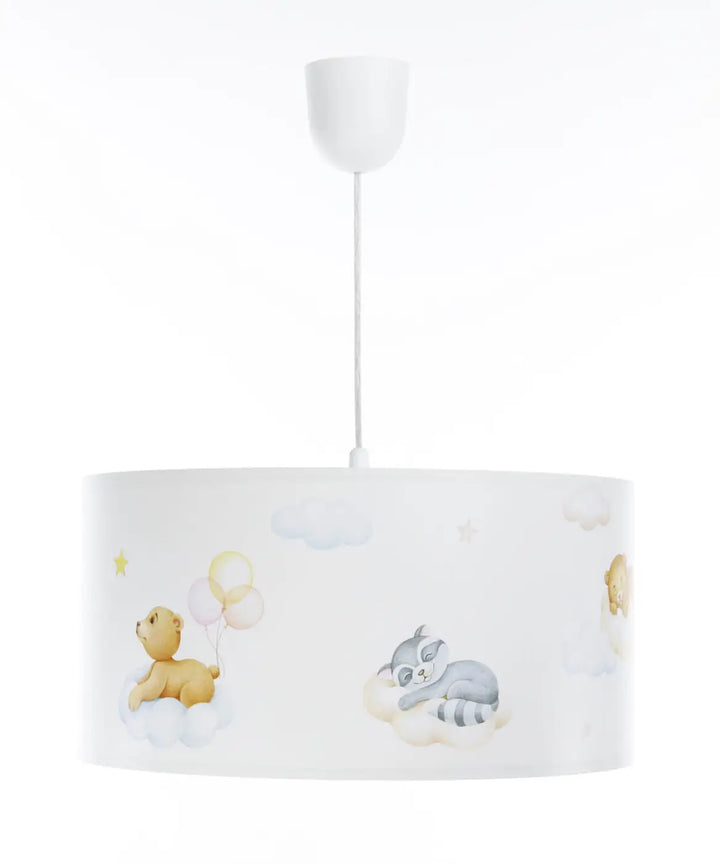 Suspension luminaire blanc avec illustrations pastel dourson et raton laveur endormi sur des nuages doux