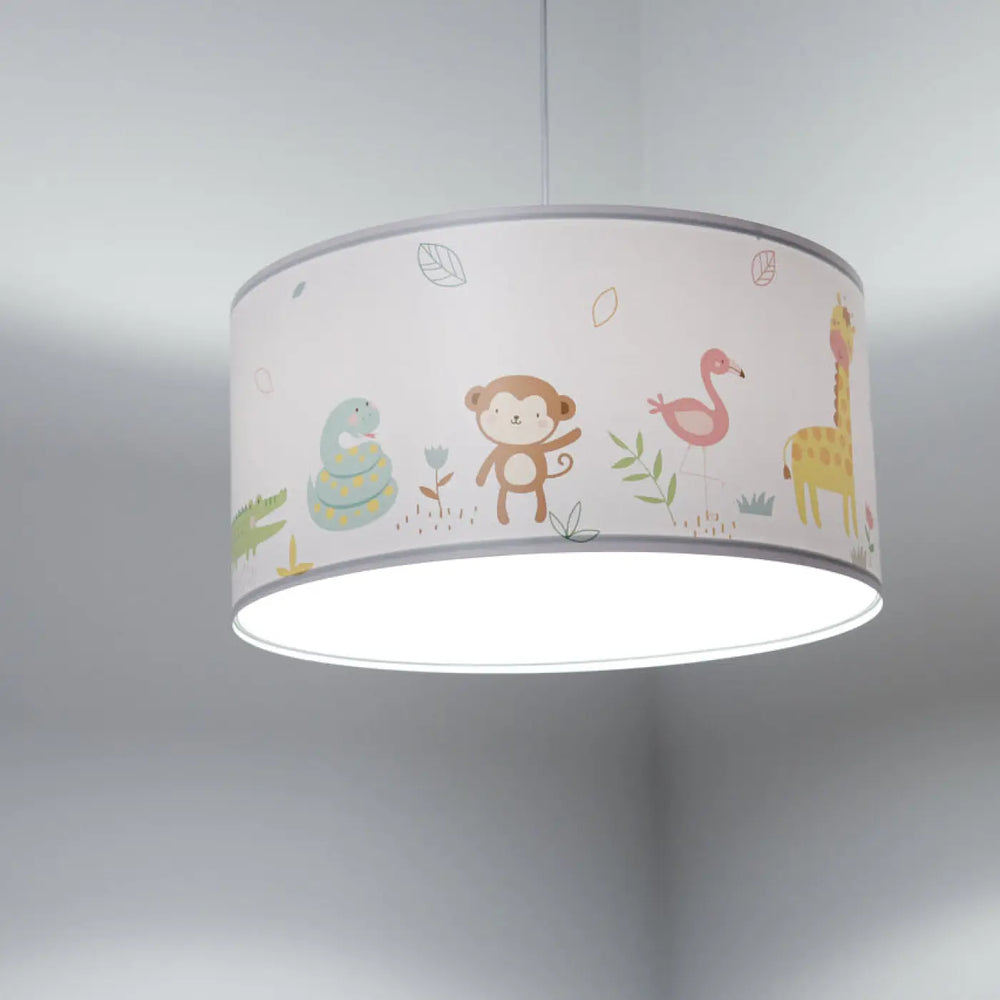 Suspension luminaire enfant cylindrique avec abat-jour en tissu blanc décor animaux pastel pour chambre enfant