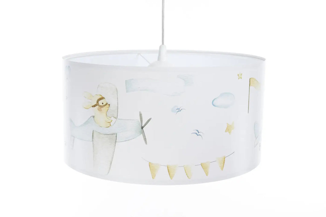 Suspension luminaire enfant blanche cylindrique avec illustrations douces renard avion nuages étoiles et accents dorés