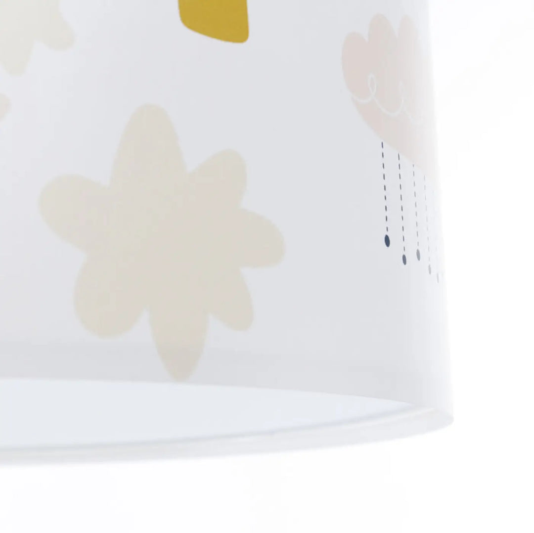 Suspension luminaire enfant blanc avec abat-jour doux et finitions pastel crème et jaune accessoires décoratifs
