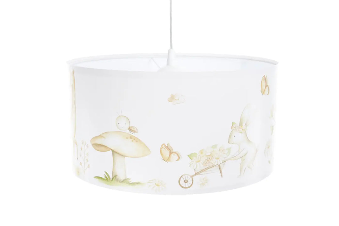 Suspension luminaire enfant blanc avec abat-jour cylindrique illustré de champignons papillons et cerf doux tones