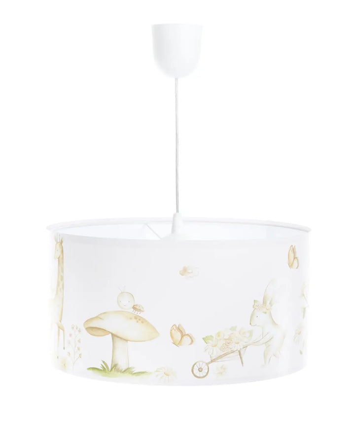 Suspension luminaire enfant blanc avec abat-jour cylindrique illustré de champignons papillons en tons beige vert