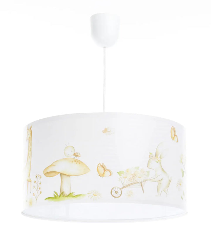 Suspension luminaire blanc avec illustration enfantine de champignons et papillons en tons jaune et vert doux