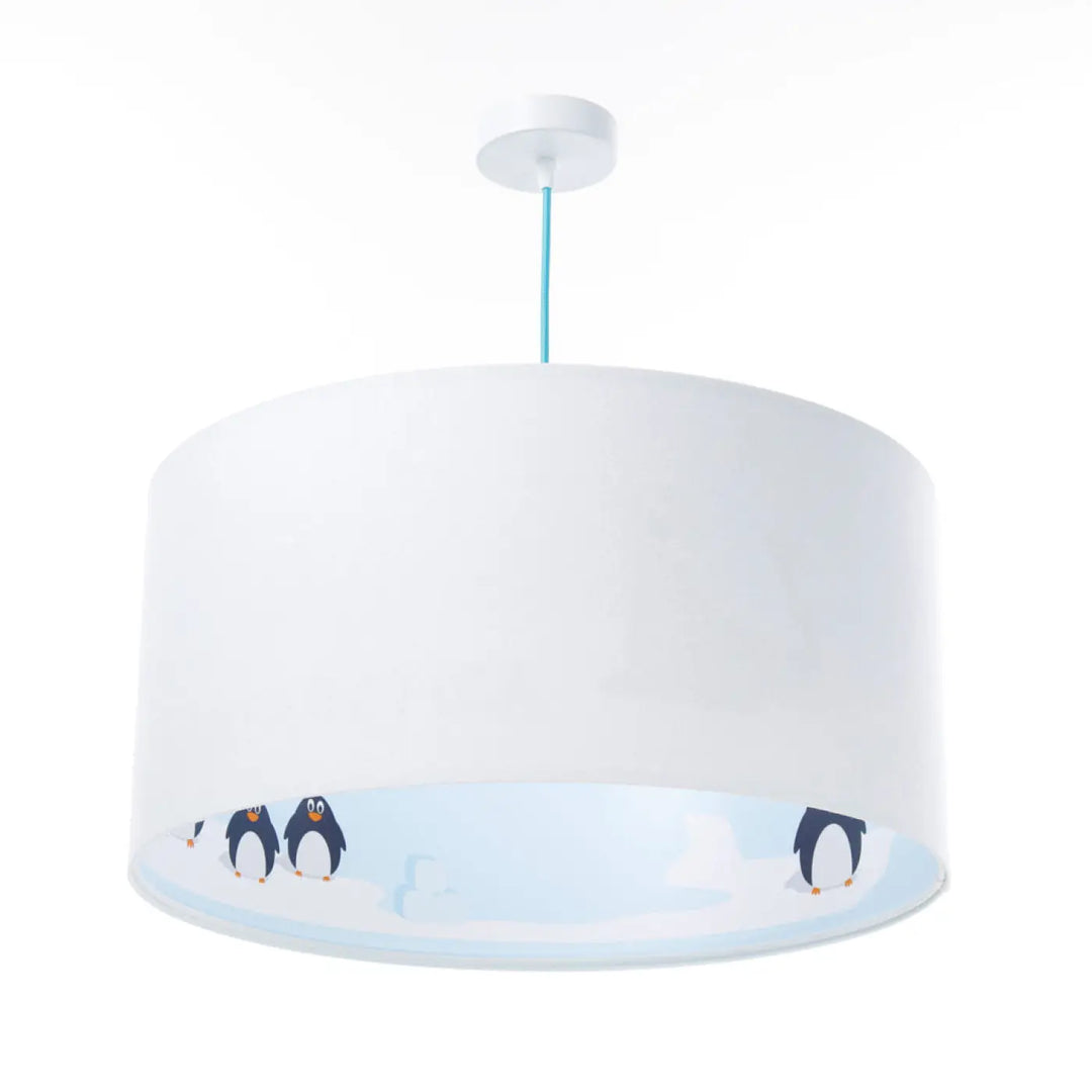 Suspension luminaire white cylindrique avec design manchot ludique sur le bord inférieur bleu clair blanc noir