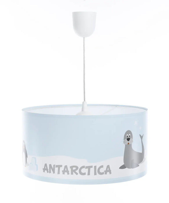 Suspension luminaire sweet dreams bleu clair avec fixation blanche et motif antarctique imprimé avec phoques cartoon