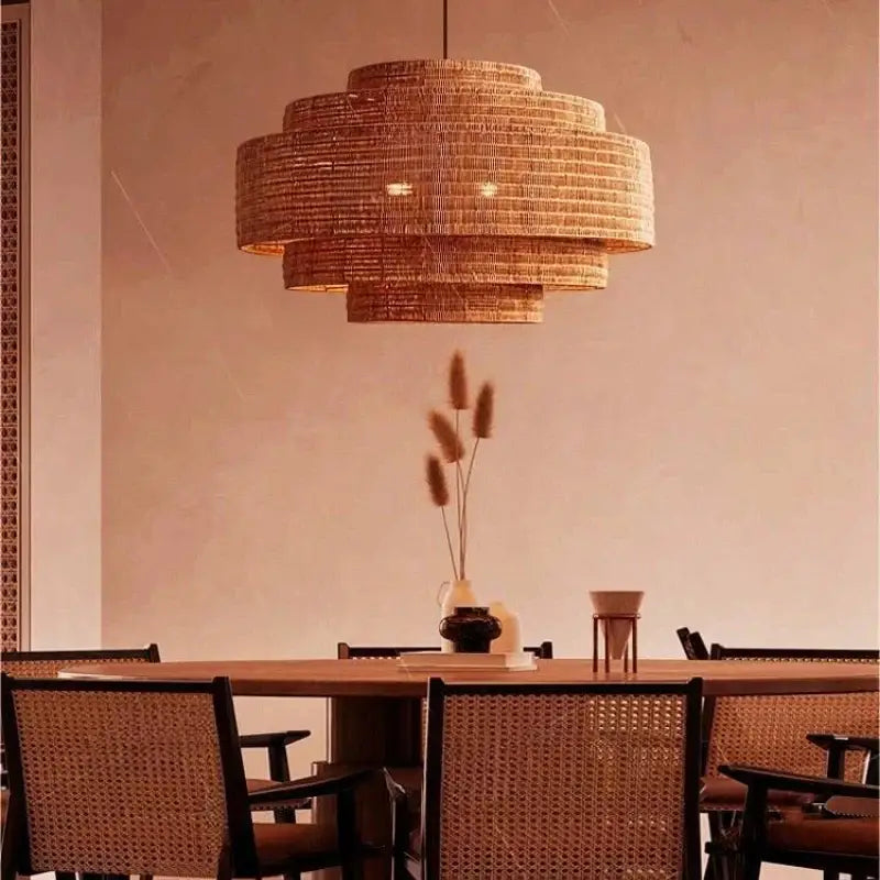 Suspension luminaire en fibres naturelles au design bohème chic