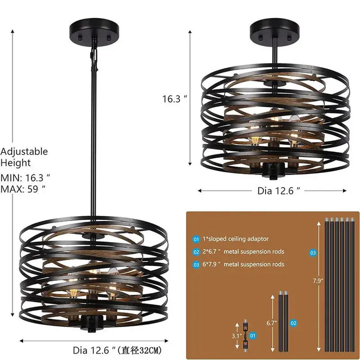 Suspension luminaire graphique noire à cercles concentriques