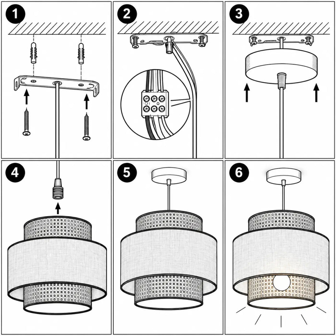 Suspension luminaire gris doblo rotin avec abat-jour en tissu tressé et anneaux perforés en matériaux naturels