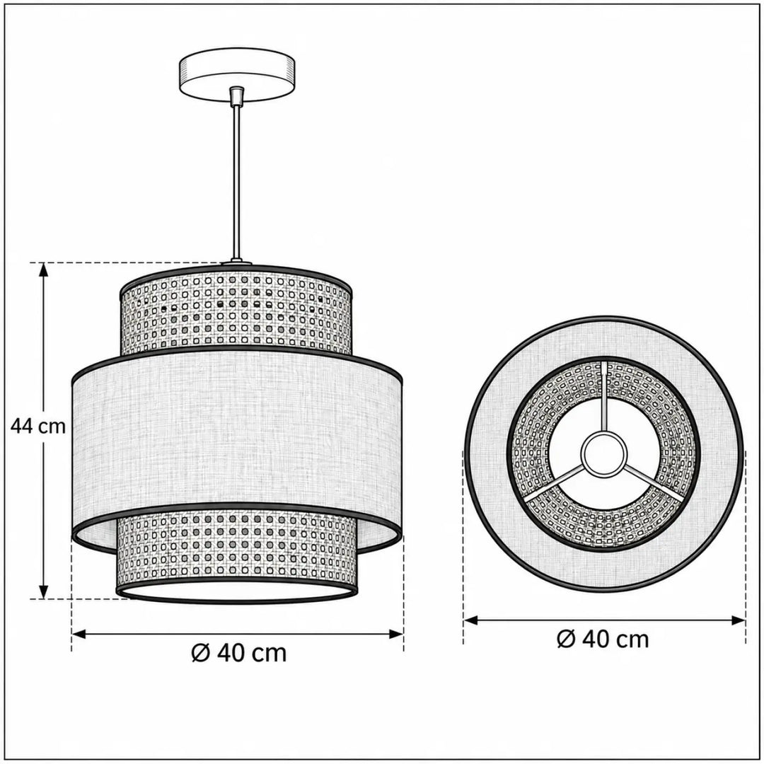 Suspension luminaire gris doblo rotin avec abat-jour en tissu texturé et bandes perforées en matériaux naturels beige gris