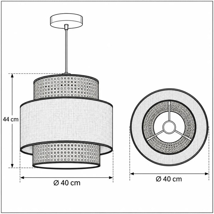 Suspension luminaire gris doblo rotin avec abat-jour en tissu texturé et bandes perforées en matériaux naturels beige gris