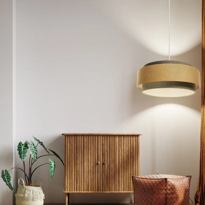 Suspension luminaire doblo boho élégant en gris vert avec abat-jour cylindrique en fibre naturelle tissée pour décoration intérieure