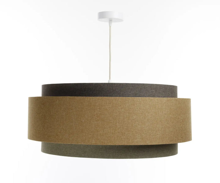 Suspension luminaire doblo boho elegant avec trois abat-jours circulaires en tissu gris vert marron et écru