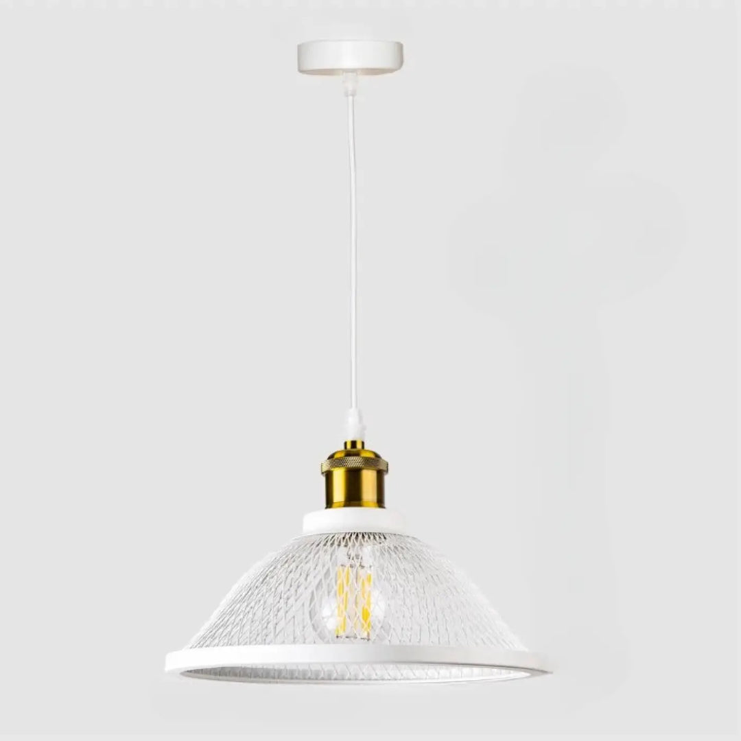 Suspension luminaire meshka avec abat-jour en maille blanche et porte ampoule edison doré