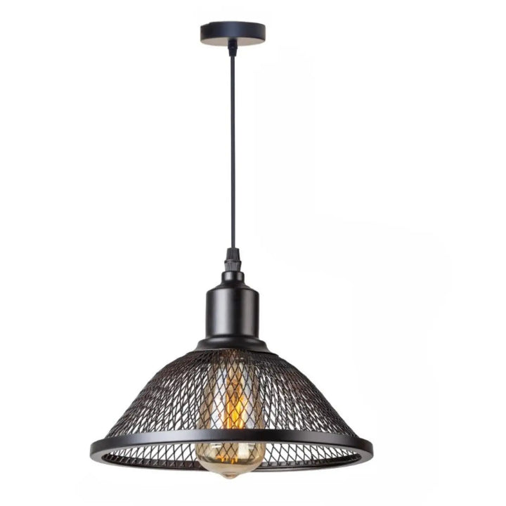 Suspension luminaire meshka en métal noir avec cage en maille et ampoule à filament apparente
