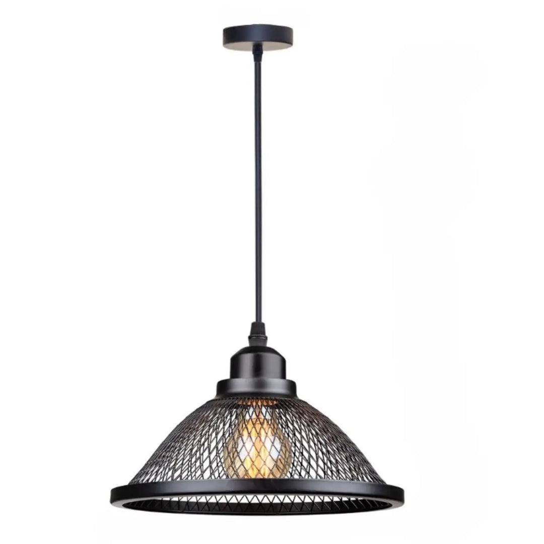 Suspension luminaire meshka en métal noir avec cage en treillis et ampoule apparente design industriel