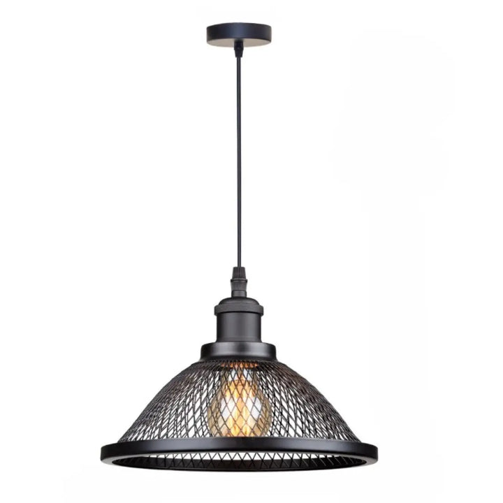 Suspension luminaire meshka noir en métal avec cage en maille et ampoule apparente design industriel