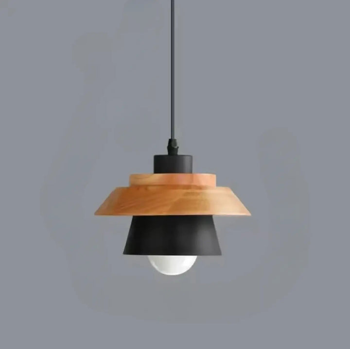 Suspension luminaire stakia en bois warm tone et métal noir mat avec design superposé suspendu par cordon noir fin
