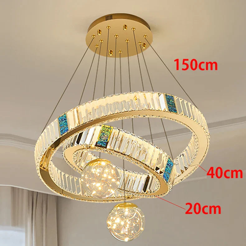 Suspension led cristal avec anneaux dorés design doré chic