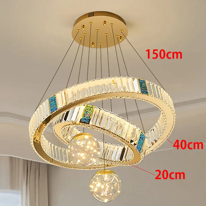 Suspension led cristal avec anneaux dorés design doré chic