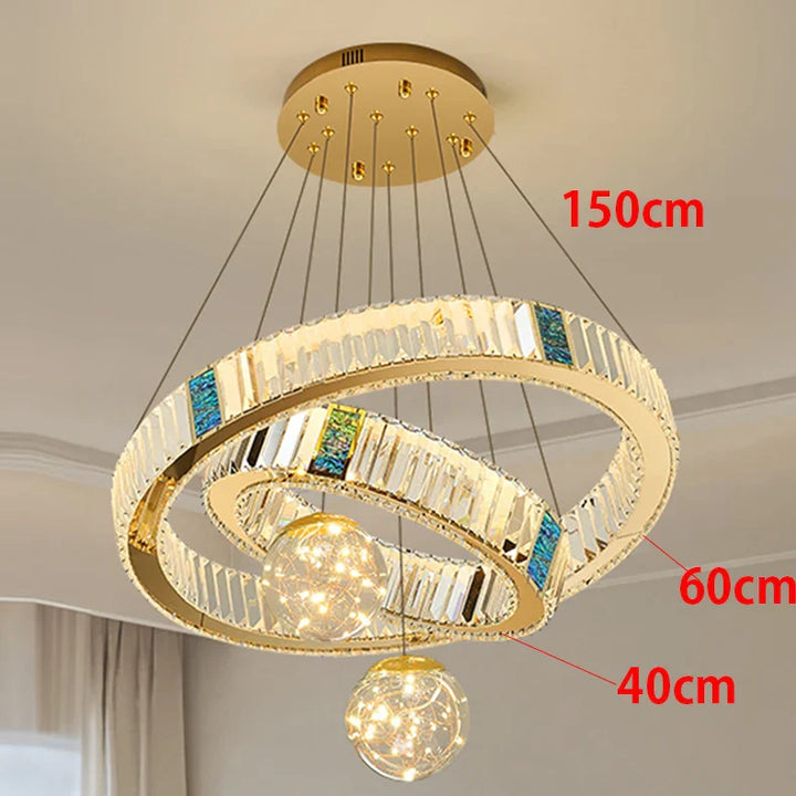 Suspension led cristal avec anneaux dorés design doré chic
