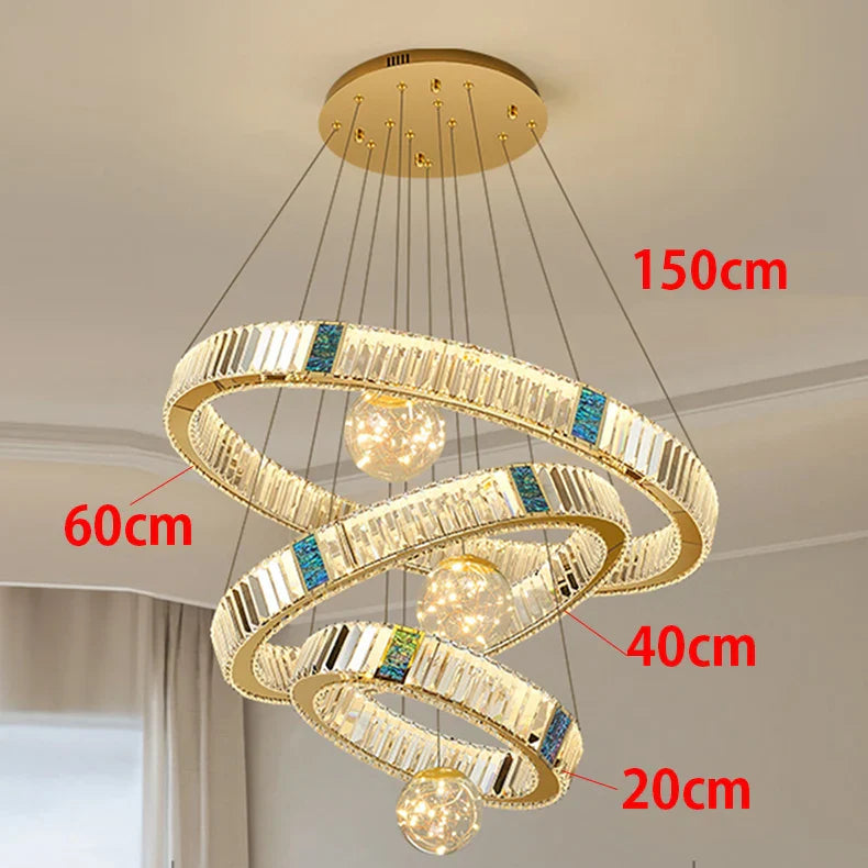 Suspension led cristal avec anneaux dorés design doré chic
