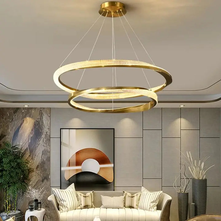 Suspension luminaire led dorée anneaux flottants élégants
