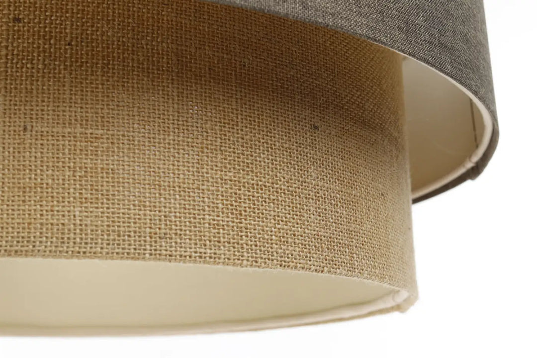 Suspension luminaire marron gris duo boho elegant avec abat-jour double en tissu gris texturé et burlap naturel