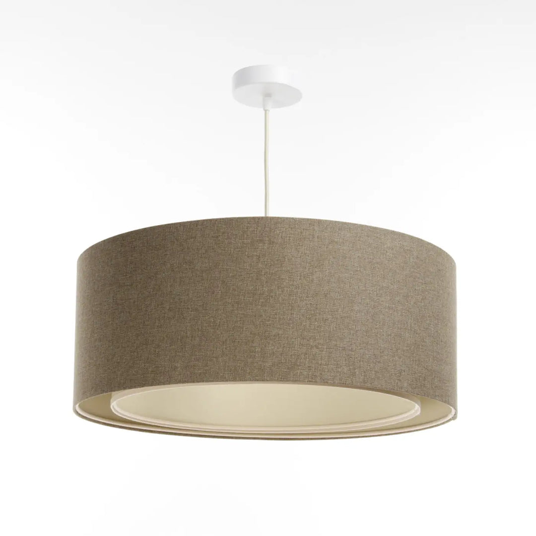Suspension luminaire marron sable avec abat-jour cylindrique beige en tissu texturé et fixation plafond blanche