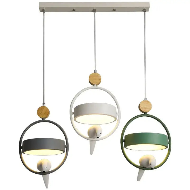 Suspension luminaire en métal et bois avec oiseau élégant