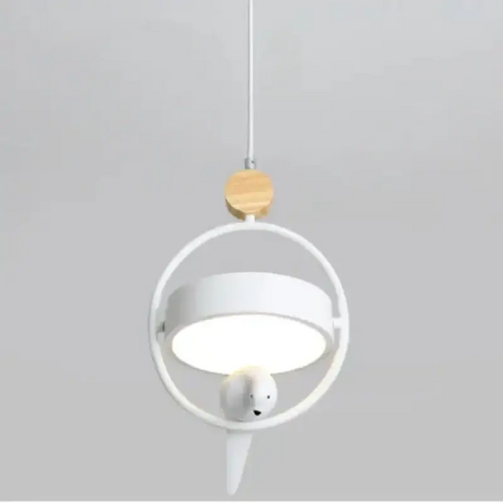 Suspension luminaire en métal et bois avec oiseau élégant