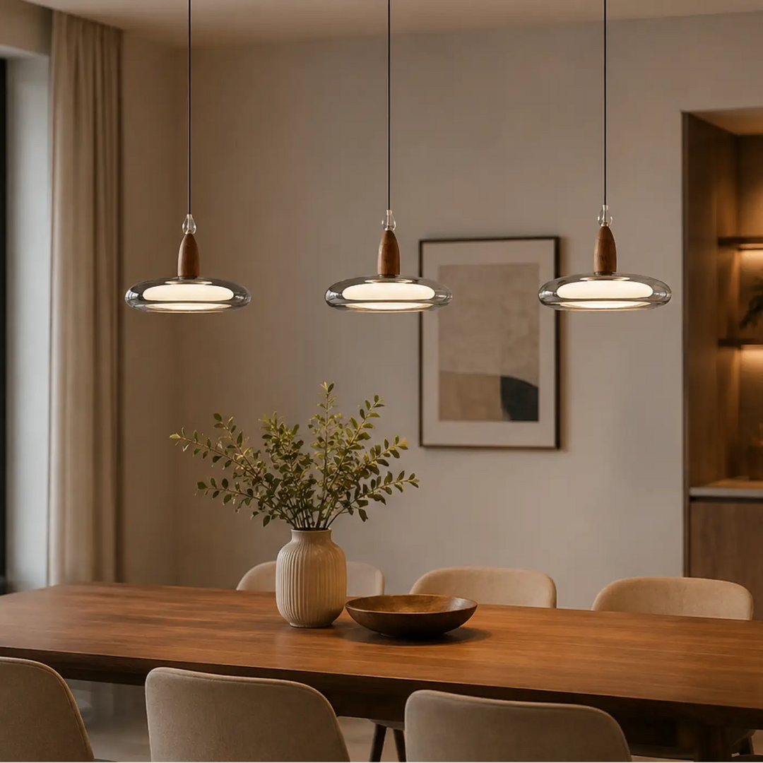 Trois suspension luminaires contemporaine cristora avec abat-jours circulaires en verre chaud et accents bois foncé above table