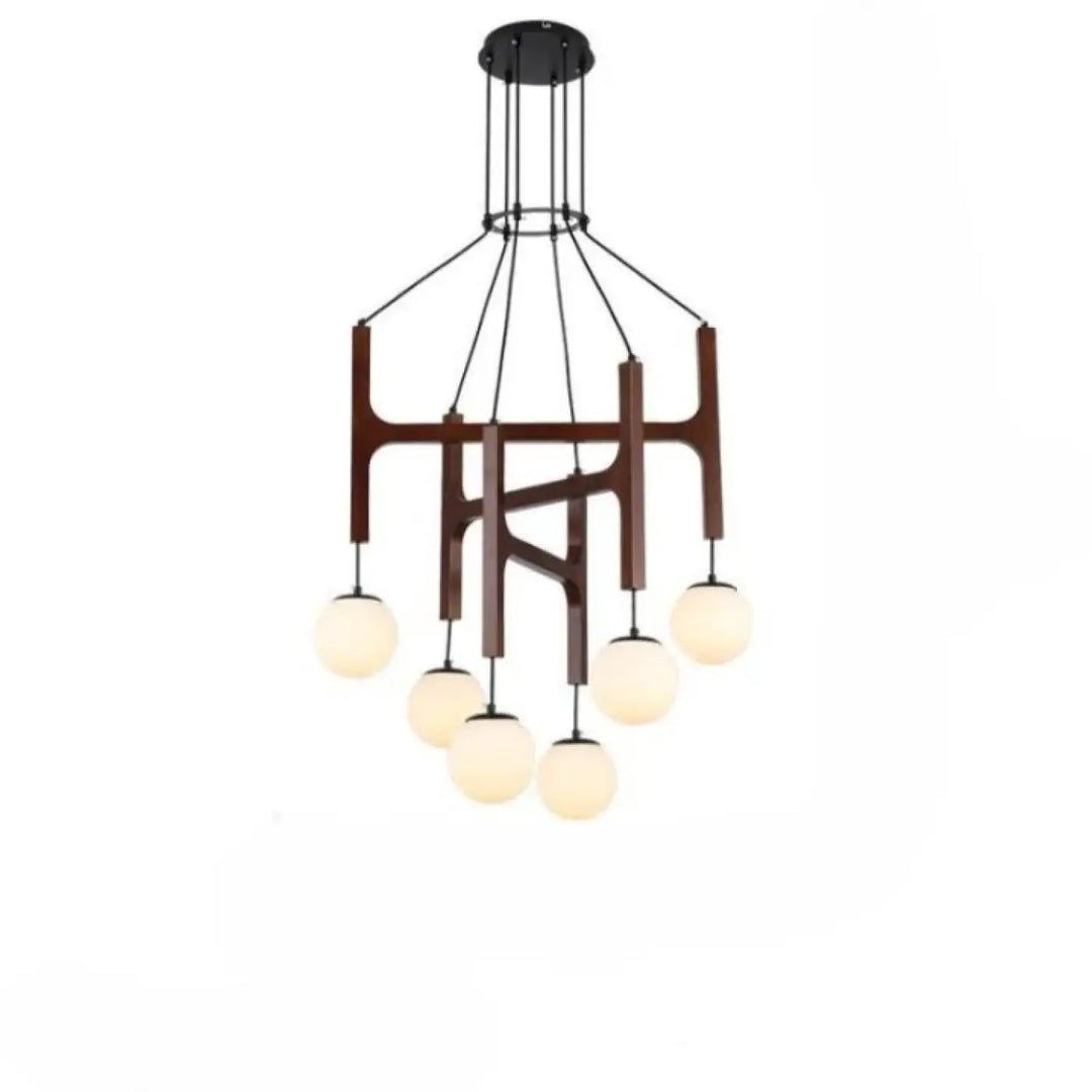 Suspension luminaire moderne orbia en bois foncé et métal noir avec six globes en verre opalin givré