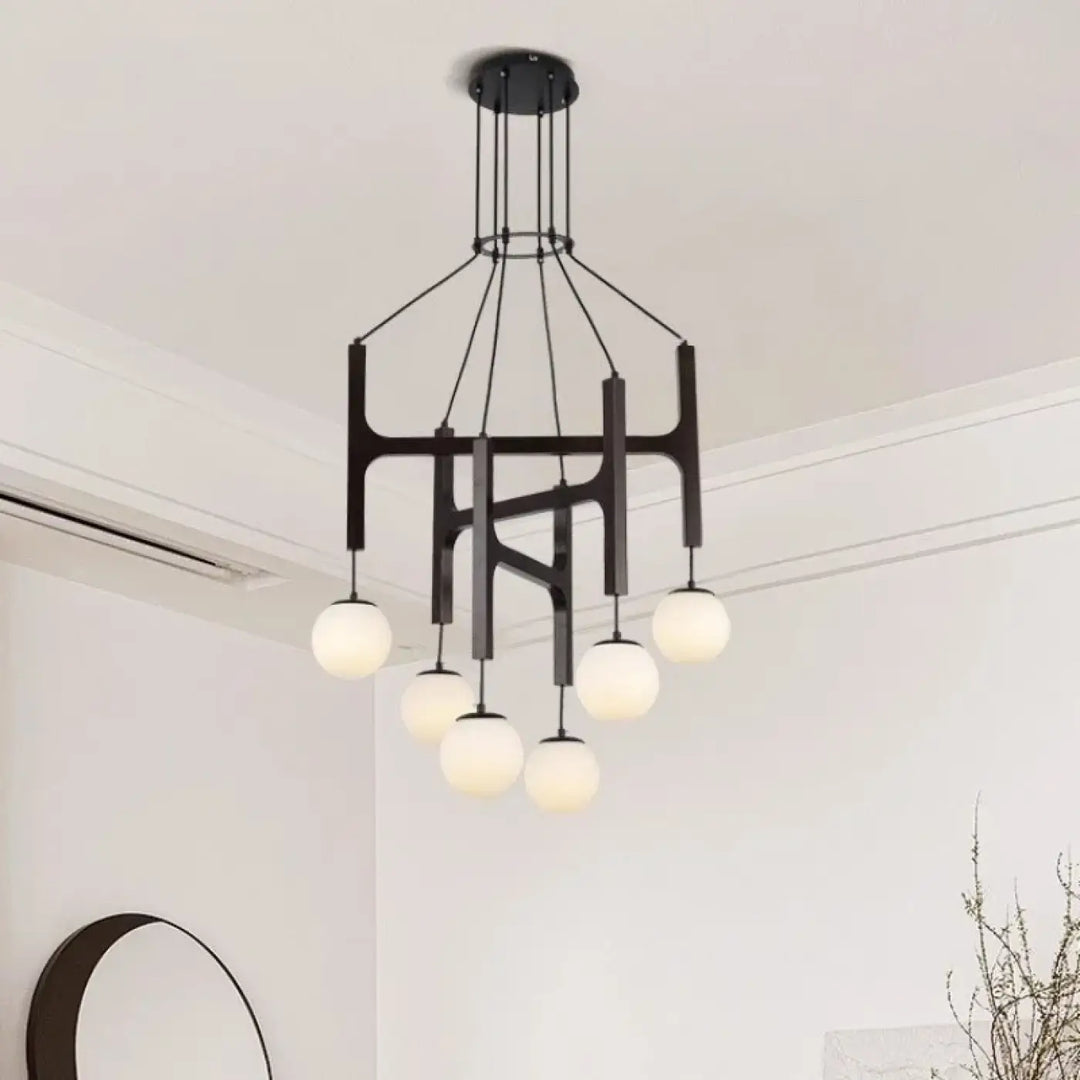 Suspension luminaire orbia en métal noir avec six globes en verre opalin suspension luminaire moderne