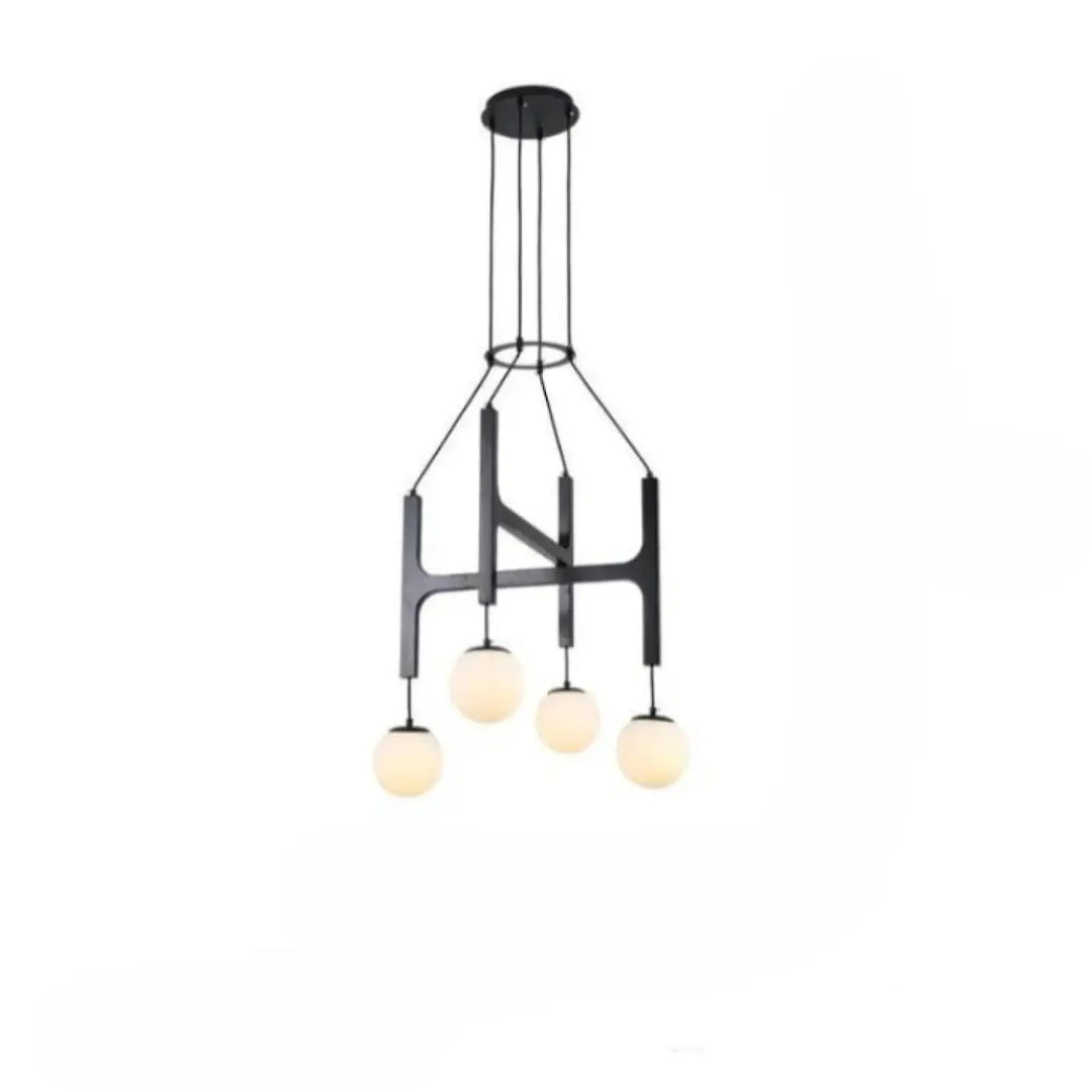 Suspension luminaire orbia en métal noir avec cinq globes en verre dépoli pour un luminaire moderne élégant