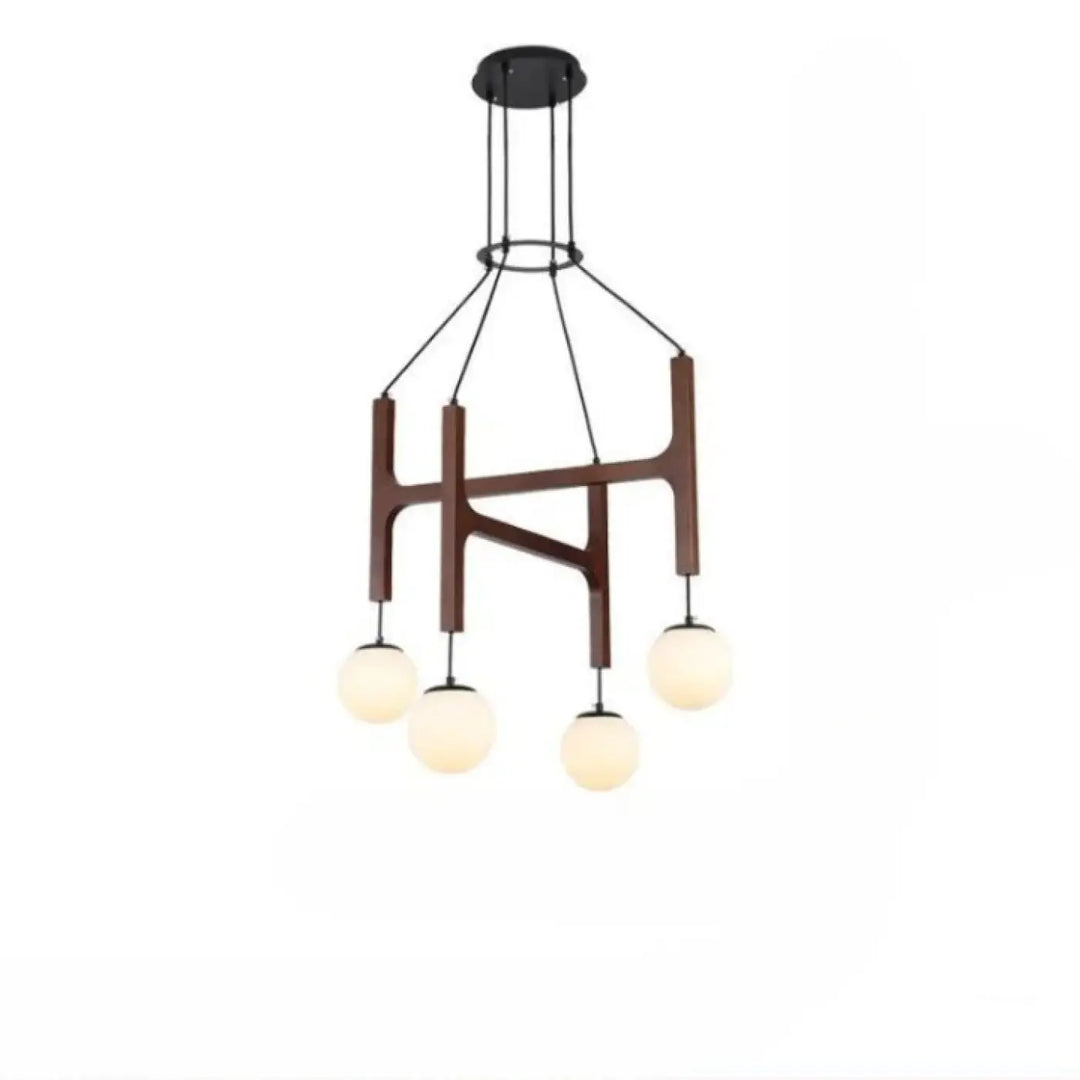 Suspension luminaire orbia en bois foncé et métal noir avec cinq globes en verre dépoli pour un luminaire moderne