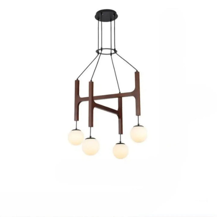 Suspension luminaire orbia en bois foncé et métal noir avec cinq globes en verre dépoli pour un luminaire moderne