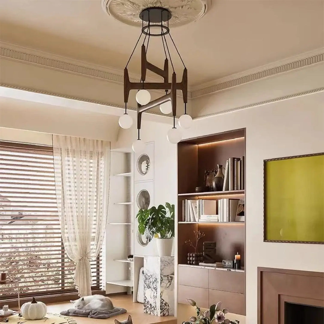 Suspension luminaire orbia en bois sombre avec abat-jour sphériques en verre opalin pour intérieur moderne