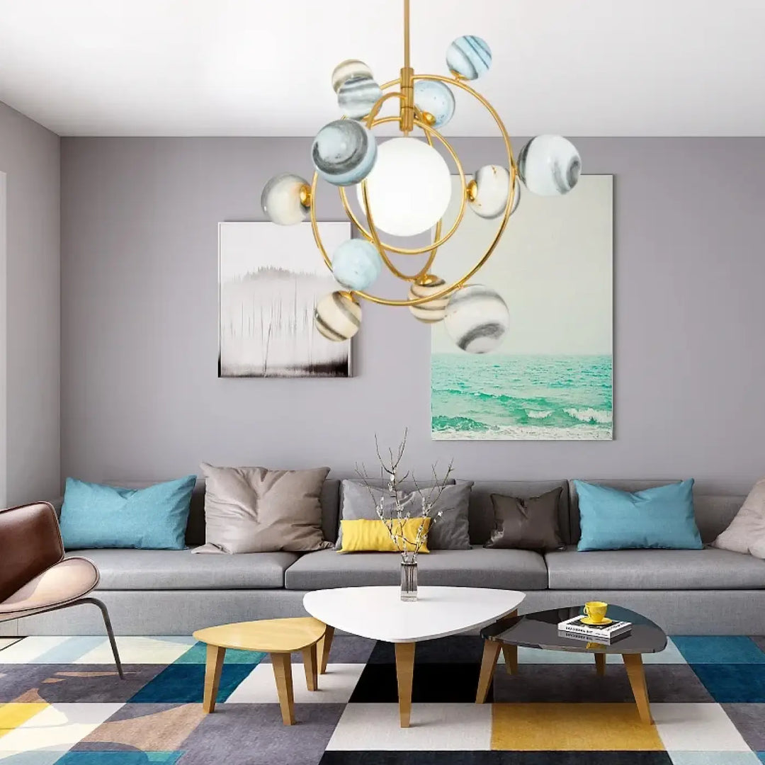 Suspension luminaire moderne avec boules en verre marbré bleu